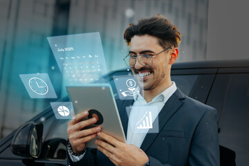 Poster - Business professional uses tablet in front of modern vehicle while analyzing data and planning for future success