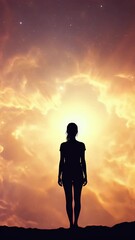 Wall Mural - Silhouette Of A Person Standing Against Golden Sunset Sky Background
