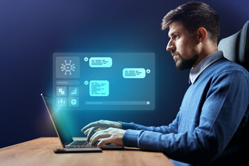 Poster - Man working on a laptop with data interface and graphs in a modern office environment at night