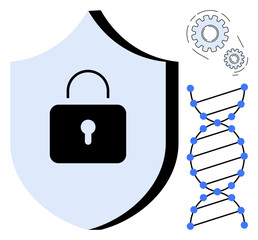Poster - Shield with lock symbolizes security, gears suggest mechanism, DNA strand implies biometrics. Ideal for technology, cybersecurity, privacy, data management, biotechnology, innovation digital safety
