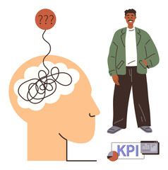 Poster - Tangled lines in a brain reflecting confusion, standing individual exuding confidence, KPI metrics below. Ideal for mental health, business growth, strategy, analytics, decision-making, personal