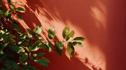 Poster - Green leaves casting shadows on a vibrant coral wall at sunset