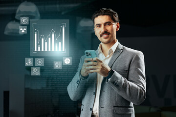 Poster - Professional man using smartphone with data analytics display in modern office environment during daytime hours