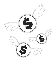 Poster - Flying dollar coins with wings 2D line object. Floating currency through air. Money freedom. Spending concept. Economic metaphor isolated clipart vector ink outline item. Monochrome spot illustration