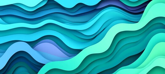 Poster - Fluid Inspired 3D Paper Art Dynamic Waves in Turquoise and Teal on a Beautiful Gradient Backdrop