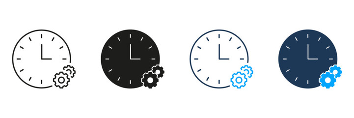 Poster - Clock With Gears Line And Solid Icon Set. Time Management, Efficiency, And Process Optimization Symbol Collection. Productivity And Workflow Enhancement. Isolated Vector Illustration