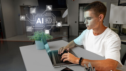 Poster - Young professional working with artificial intelligence concepts on a laptop in a modern office environment
