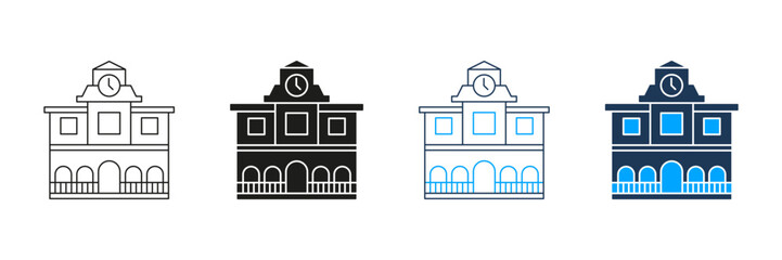 Poster - Clock Tower Building Line And Solid Icon Set. Time Management, Public Building, And Architecture Symbol Collection. Urban Landmark Representation. Isolated Vector Illustration