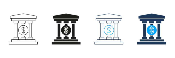 Poster - Bank Building With Dollar Sign Line And Solid Icon Set. Financial Institution, Savings, And Investment Symbol Collection. Banking And Economic Growth Representation. Isolated Vector Illustration