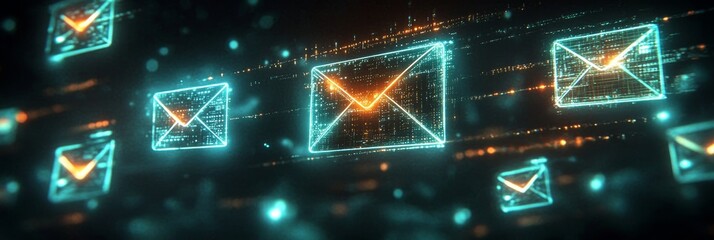 Poster - Swarm of Digital Envelopes in Dark Cyberspace Data Stream with Glowing Future Style Abstract Design