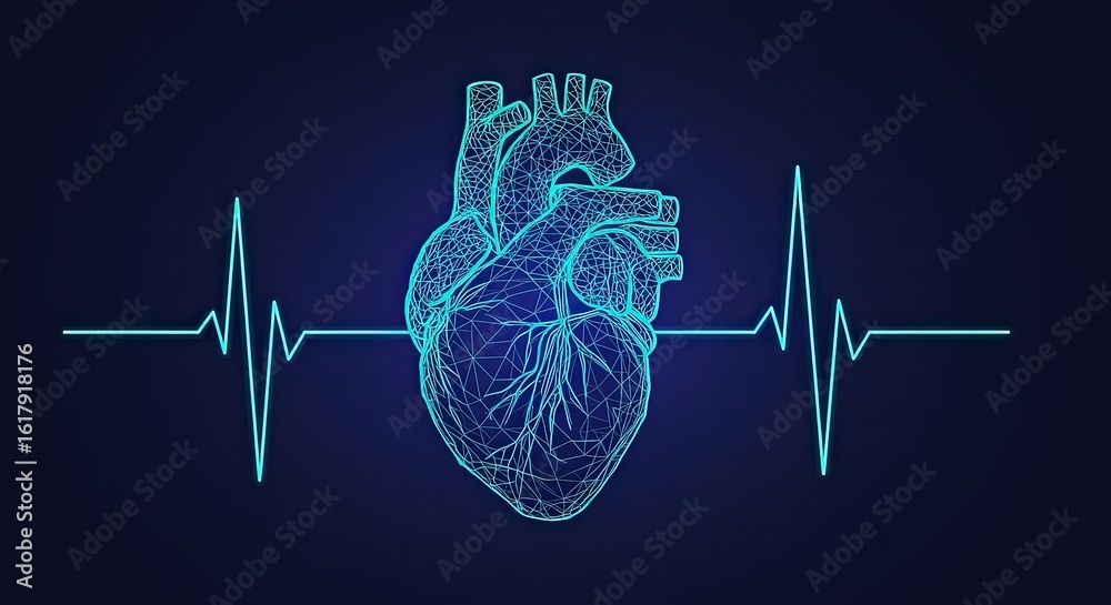 Wireframe heart with a neon blue electrocardiogram line Stock ...