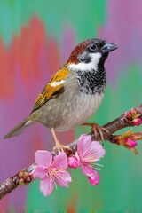 Naklejka na meble Sparrow on blooming branch with colorful background