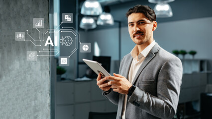 Poster - Man in business attire engages with technology, exploring artificial intelligence concepts in a modern office setting