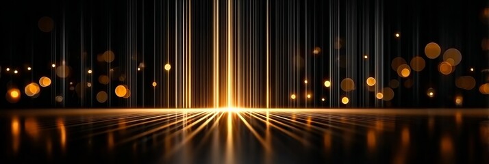 Poster - Elegant Golden Abstract Scene with Shimmering Light Effects and Spotlight Reflections on Black