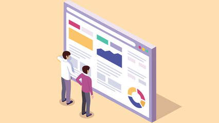 Two people analyzing a large screen displaying charts and data visualizations in an isometric view