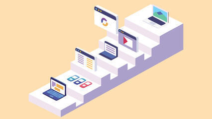 Isometric view of laptops and browser windows on white steps against a light yellow background
