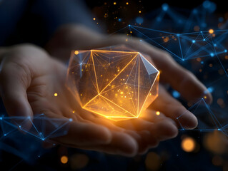 Poster - A glowing, geometric shape is held in a person's hands, symbolizing innovation and technology amidst a backdrop of digital connections.