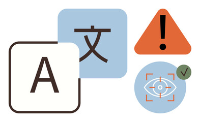 Poster - A capital A, foreign character, exclamation mark in triangle, and eye icon with check mark. Ideal for language translation, recognition, error alert, text processing, accessibility validation