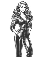 Wall Mural - woman wearing a fitted leather jumpsuit, exuding confidence and power sketch engraving generative ai