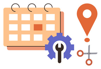 Poster - Calendar with a highlighted date, gear tool, scissors, and a location marker. Ideal for scheduling, organization, teamwork, productivity, time management planning simple flat metaphor