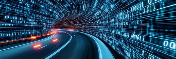 Poster - Digital information traveling through a high-speed tunnel, showcasing binary code and light trails