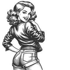 Wall Mural - woman with short hair in cropped leather jacket and high-waisted shorts, striking a fierce pose sket