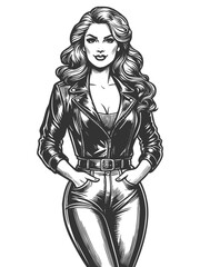 Wall Mural - confident woman wearing a leather jacket and high-waisted pants with hands in pockets sketch engravi