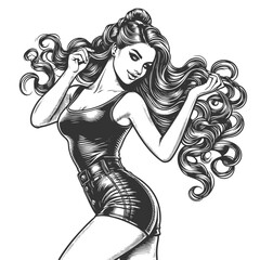 Wall Mural - confident young woman with long wavy hair, stylish outfit, and bold pose sketch engraving generative