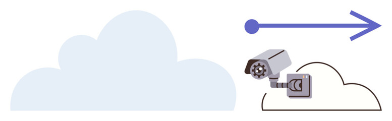 Poster - Cloud image with surveillance camera transferring data as arrow demonstrates movement. Ideal for cybersecurity, data flow, cloud storage, internet privacy, technology, data transfer, and monitoring