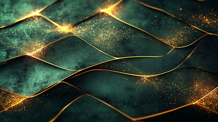 Wall Mural - golden lines curve across a dark teal, textured surface. abstract pattern with shimmering gold accen