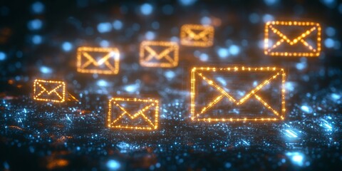 Poster - Illuminated, Glowing Mails in Cyberspace Networking, Symbolizing Digital Communication Online