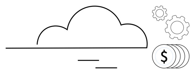 Poster - Cloud shape with gears signifying innovation and coins representing financial success. Ideal for technology, cloud computing, business solutions, innovation, finance, operational processes