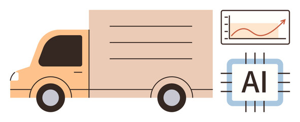 Poster - Delivery truck alongside upward trend graph and AI chip, representing AI-powered logistics, automation, efficiency, real-time tracking, future technology, innovation, and growth. Modern flat metaphor