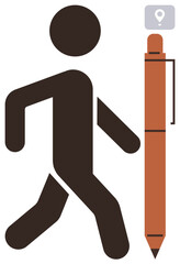 Poster - Abstract walking figure near a large pen positioned beside a location pin. Ideal for navigation, creativity, journey, education, content creation, originality, simple flat metaphor