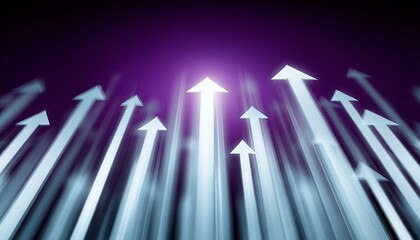 Poster - Futuristic Cityscape with Glowing Arrows Indicating Technological Progress and Upward Momentum