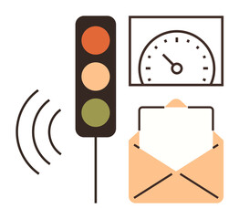 Poster - Traffic light with signals, radar waves, speedometer, and envelope illustrating monitoring, speed control, communication, automation, data transfer regulation and safety. Ideal for apps automation