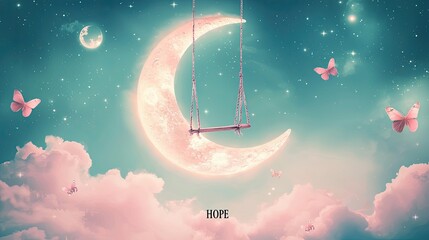 Canvas Print - a digital backdrop for photography, a crescent moon with pink clouds and butterflies flying around i