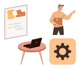 Poster - Man holding documents and gesturing near task board, table with laptop, and gear icon. Ideal for teamwork, project management, planning, workflow, brainstorming scheduling organization. Simple flat