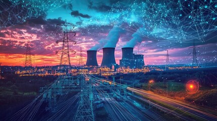 Canvas Print - A landscape painting-style scene of an industrial nuclear power plant under a dramatic sky, with abstract data streams flowing over the facility, 