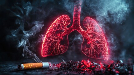 Wall Mural - a powerful anti-smoking poster for no tobacco day, hyper-realistic neon human lungs transforming fro