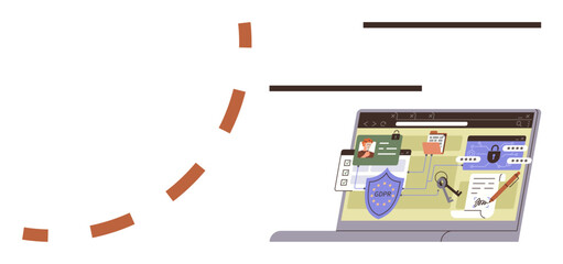 Poster - Laptop screen features cybersecurity elements thumbs up a password field, security shield, key, pen, email, and alerts. Ideal for security, privacy, technology data protection digital safety