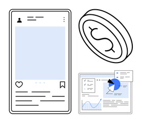 Poster - Smartphone screen with social feed, analytics dashboard with charts, and coin symbolizing online transactions. Ideal for technology, finance, marketing, business, social media, e-commerce simple