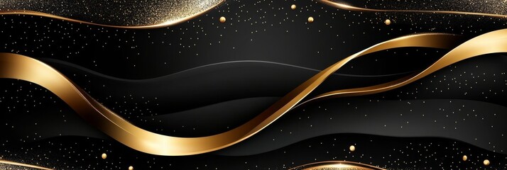 Poster - Abstract Elegance with Contemporary Luxury Golden Ribbons on Dark Fabric in a Swirling Art Design