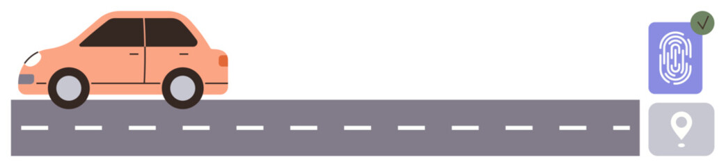 Poster - Compact car driving on dashed road. Fingerprint ID and location icon represent smart technology. Ideal for transportation, navigation, biometrics, technology, connectivity, location, security as