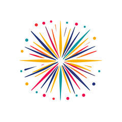 Poster - Colorful radial starburst design with vibrant orange, red, blue, and teal spikes and dots in minimalist abstract geometric style vector illustration isolated on white background