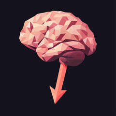 Poster - Low poly geometric human brain with downward arrow symbolizing cognitive decline concept in flat minimalist style on dark background