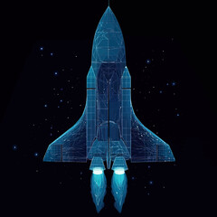Poster - Low poly wireframe space shuttle with rocket boosters firing in outer space blue digital 3D polygonal technology illustration on black background