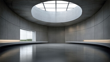 Poster - Ultra wide circular room with concrete wall, skylight ceiling, modern bench, minimalistic style, natural light, empty, serene atmosphere