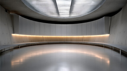 Poster - Ultra wide circular room with modern concrete walls, curved bench seating, soft ambient lighting, and futuristic ceiling design