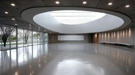Poster - Ultra wide circular room with polished floor large skylight glass wall modern architecture empty bright peaceful interior design